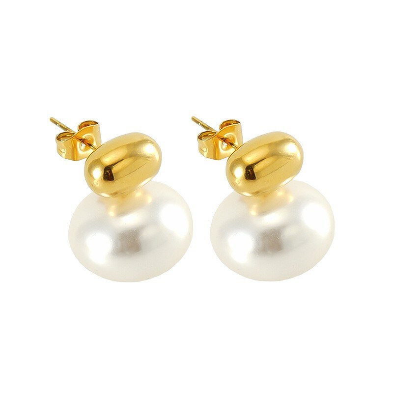 1 Pair Luxurious Series Retro Solid Color Stainless Steel 18K Gold Plated Imitation Pearl Women's Stud Earrings h5 